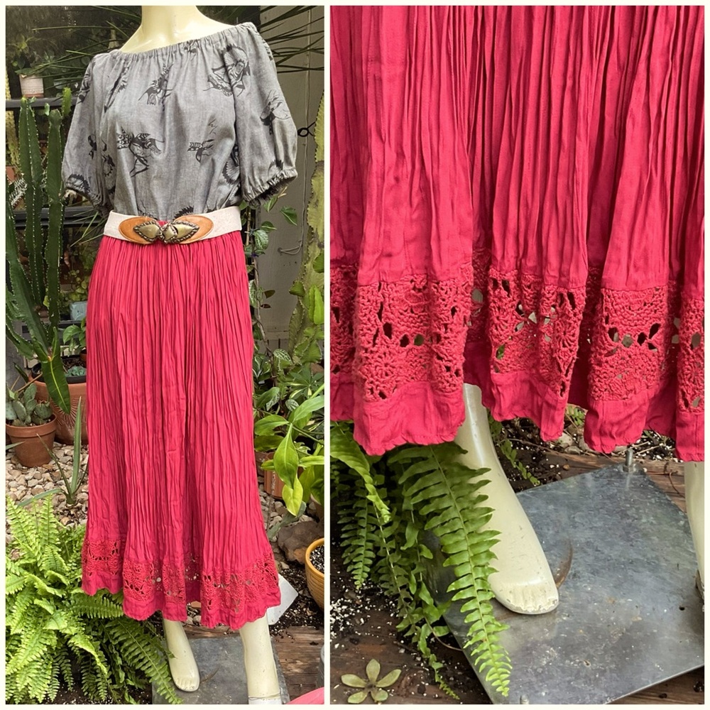 Vintage Pleated Crochet Hem Maxi BroomSkirt Boho Anthro Prairie Small Medium